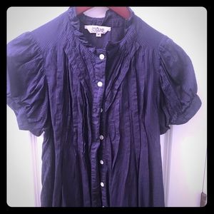 Navy Blue Short-Sleeve Puffed Sleeve Button Blouse